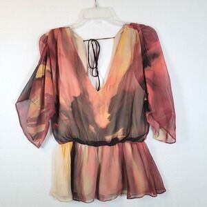 Alice and Olivia Womens Sheer Kimono Peplum Blouse Top Size Medium Orange Boho